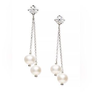 Pearl (6-6.5 mm) and Cubic Zirconia Sterling Silver 2 Chain Drop Earring